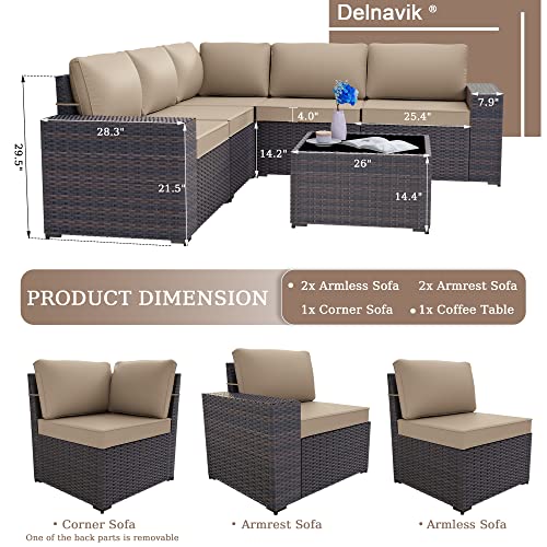 Delnavik Patio Furniture Set Sofa 6-Piece Wicker Sectional Sofa Set, Outdoor Furniture Rattan Patio Sofa Conversation Set With Thickened Cushions And Glass Coffee Table, Sand #TOP3