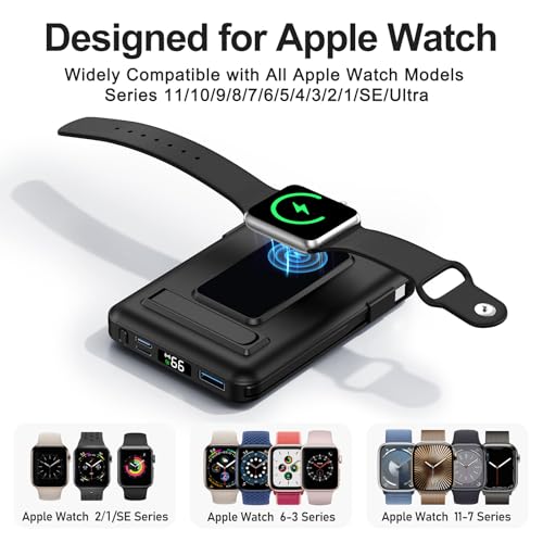 Vexnara para Magsafe Powerbank, 10000mAh Magnético Bateria Externa Carga Rapida, Inalámbrica Bateria Portatil con Cables, Bracket y Pantalla LED para iPhone 17-12 Series et Apple Watch Series(Negro) - imagen 5