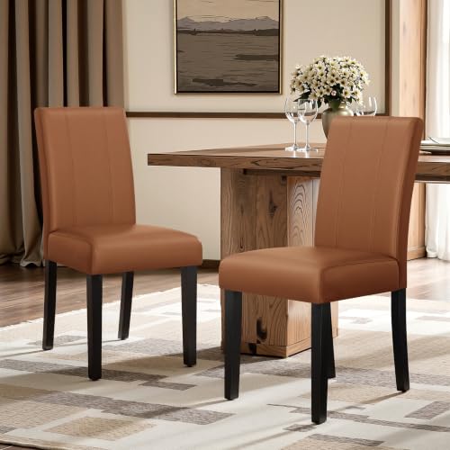 Image of CHUN YI Dining Chairs Set of 2, Faux Leather Dining Room Chairs, Upholstered Modern Kitchen Parsons Chairs for Dining Room with Sturdy Wood Legs, Light Brown (Only Chair)