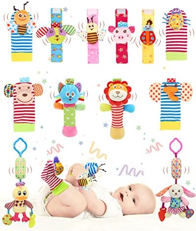 Wrist Rattle Foot Sock Rattles, Hand Arm Leg Ankle Handheld Rattles, Hanging Rattle Clip On Car Seat & Stroller, Sensory Plush Animal Toys for Newborn Baby Girls and Boys (B12)