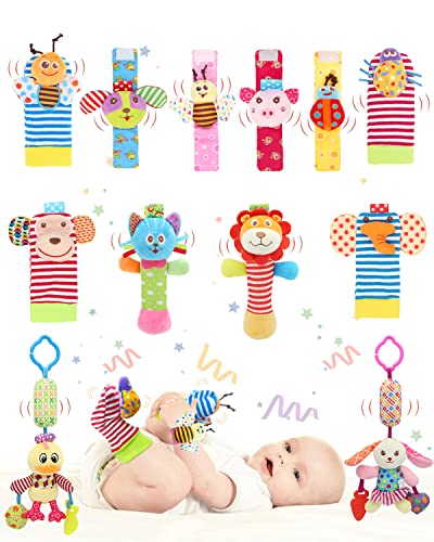 Image of Wrist Rattle Foot Sock Rattles, Hand Arm Leg Ankle Handheld Rattles, Hanging Rattle Clip On Car Seat & Stroller, Sensory Plush Animal Toys for Newborn Baby Girls and Boys (B12)