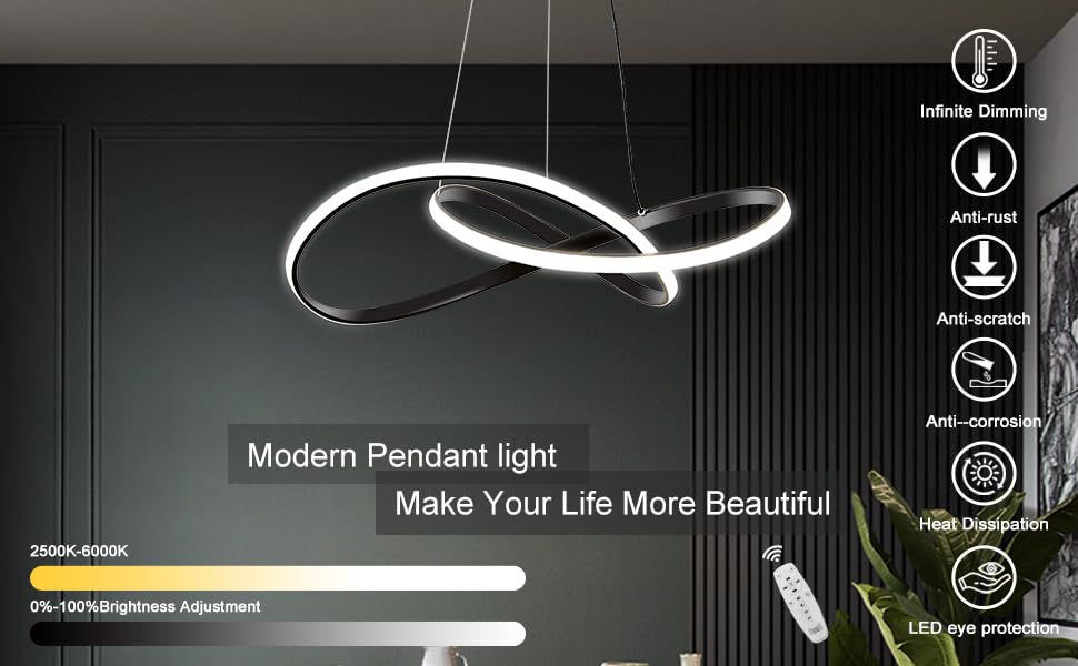 Viruhaka Modern LED Pendant Light Fixture,Dimmable Chandelier with Remote, Black Contemporary Ceiling Hanging Fixture with Irregular Ring Lights for Dining Living Room Bedroom Kitchen Island Café