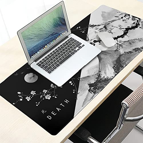 Image of Sweetshow Black White Japanese Cherry Blossom Mouse Pad 35.4 X 15.7 Inch XXL Death Life Design Full Desk Gaming Mousepad Extended Large Non-Slip Rubber Base Keyboard Mat with Stitched Edges