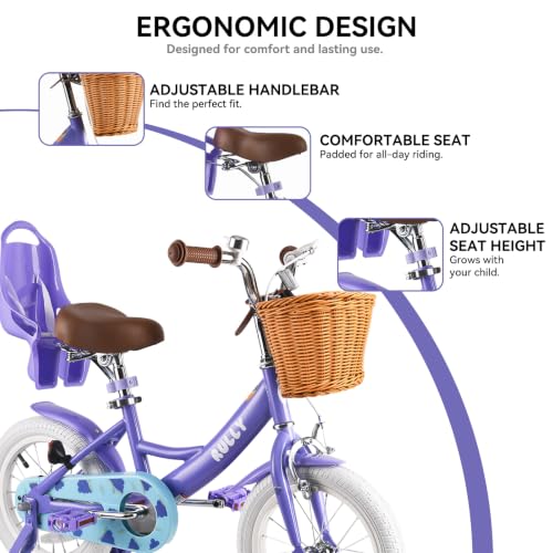 Image of RULLY Fruit Kids Bike 12 14 16 Inch Bicycle for Girls Ages 2-7 Years, Training Wheels Included, Girl Bikes with Basket & Doll Seat