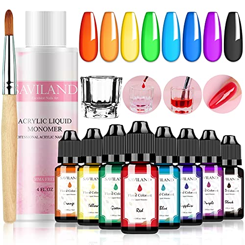 Saviland Acrylic Liquid Monomer - DIY Color Acrylic Monomer Nail Kit with 7 Colors Resin Pigment Liquid & 4.23oz Acrylic Nail Liquid for Acrylic Powder, Flexible Non-Yellowing, MMA Free
