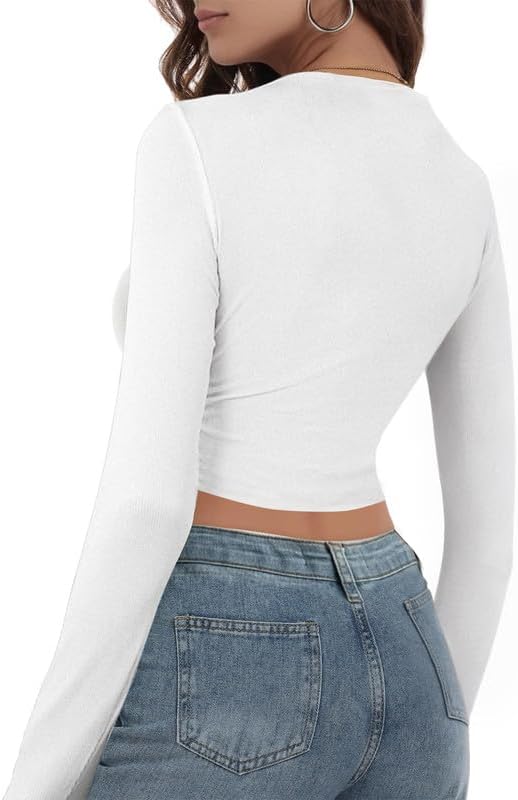 Buauty Women's Long Sleeve Square Neck Crop Tops, Ribbed Knit Slim Fitted Casual Basic Y2K Crop Top Tee Blouse Retro - Image 3