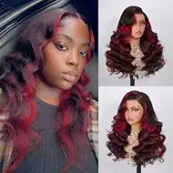 99J Burgundy Ombre 9x6 Lace Front Wig Human Hair Skunk Strip Body Wave Red And Black Colored Wigs Human Hair 9x6 HD Highlight Lace Frontal Wigs 200 Density Pre Plucked For Women 24 Inch