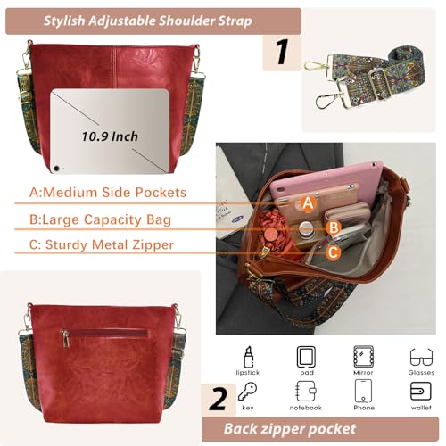 Image of Hobo Bags Vegan Leather Crossbody Bag Guitar Strap Shoulder Purses with Zipper Handbags for Women