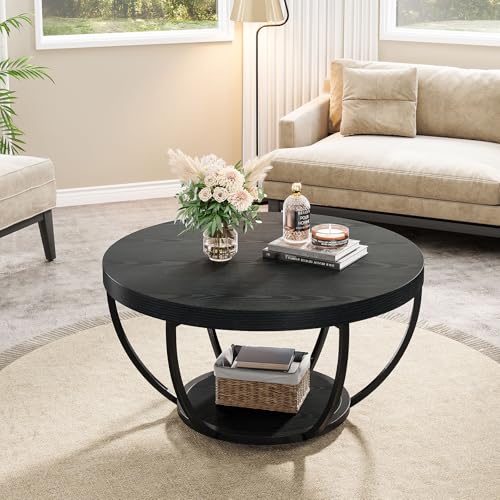 Image of Tribesigns Round Coffee Table with Storage, 31.7 inch Black Living Room Table