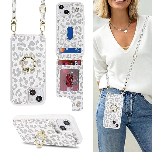 Image of for iPhone 13 Mini Case with Card Holder and Strap for Women,Crossbody Lanyard,Kickstand Ring Stand,Snap Clasp,RFID Blocking,Cute Phone Wallet Cases 5.4 inch(White Leopard)