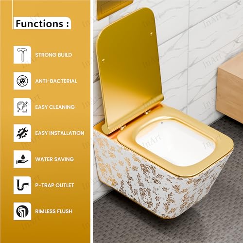 Image of InArt Ceramic Wall Hung Toilet Commode, Gold Rimless, Soft Close, P-Trap | Compact square design, size 53 x 36 x 35 cm, suitable for concealed flush tank