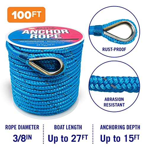 Image of Better Boat Premium Anchor Rope, 100 Ft Double Braided White Nylon Marine | Line, Reflective 3 /8 Inch Reel for Anchors and Boats, Blue