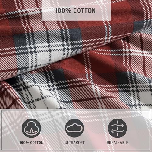 Image of Eddie Bauer - Queen Bed Sheets, Cotton Flannel Bedding Set with Matching Pillowcases, Brushed for Extra Softness, Deep Pocket, Oeko-Tex Certified (Heartland Plaid Red)