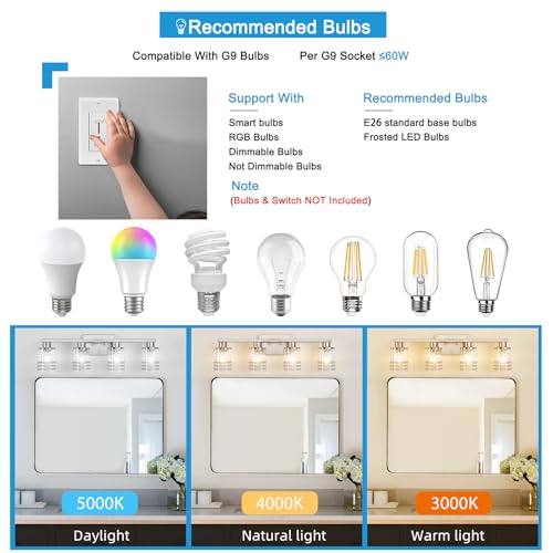Image of YYT Brushed Nicekl Bathroom Light Fixtures 4 Light Bathroom Vanity Light Brushed Nicekl Vanity Lights for Bathroom with Clear Glass Shade