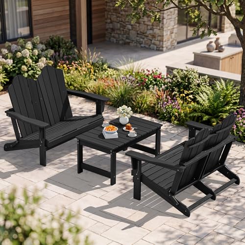 Image of SERWALL 3-Piece Adirondack Bench Set, 2 Benches & 1 Coffee Table, Black
