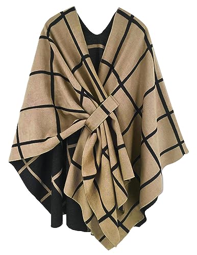 NLAND Poncho Abierto Punto Mujer Elegante Capa Grande Invierno Chal Cardigan Tartán Patrón Bufanda Manta Caliente (Caqui)