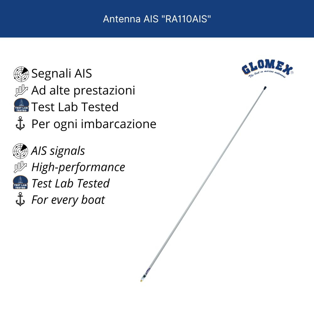 Glomex – Antenna AIS dedicata 1m (Bianco), Modello RA110AIS – Alto Guadagno 3dB, Fibra di Vetro, Per barche a vela, motore, gommoni, yacht – Ricezione AIS Precisa e Affidabile