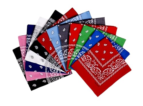 CITYMEMO 100% Cotton Paisley Printed Bandanas 12 PCS 22x22 Inches Large Thick Scarfs Fashion Headwear for Men and Women