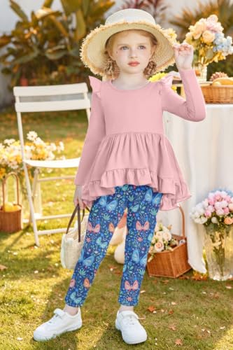 Image of Arshiner Toddler Girl Clothes Ruffle Trim Long Sleeve Pullover Top and Floral Print Leggings Fall Outfits Kids Clothing Sets