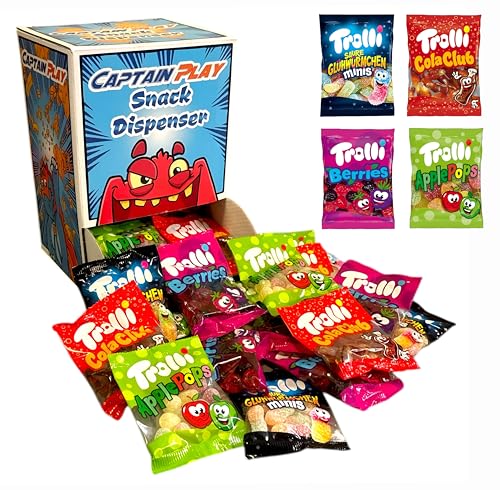 CAPTAIN PLAY Candy Snack Dispenser mit Trolli Süßigkeiten Mix, 40 Beutelchen einzeln verpackt mit 4 Sorten, 800g Trolli Süßigkeiten Box