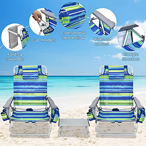 Image of Giantex Folding Beach Chair, Patio Sling Chairs with 5 Adjustable Position, Head Pillow, Storage Bag, Towel Bar, Cup Holders, Backpack Chairs for Sunbathing, Camping Chair