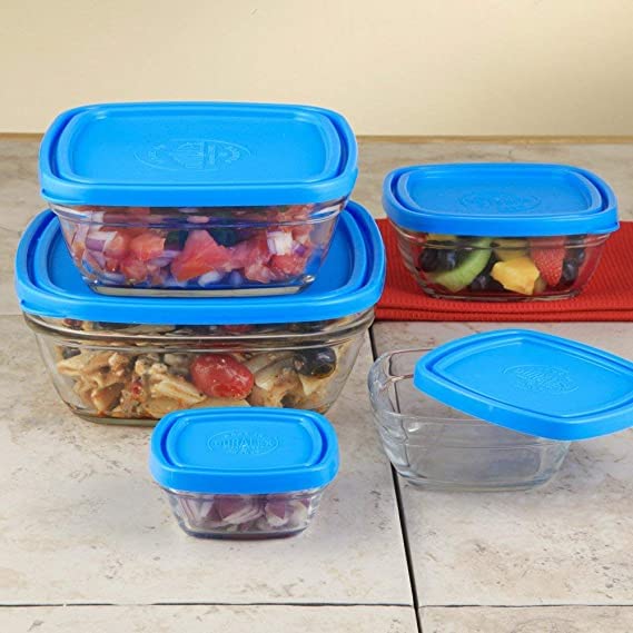 NEVINE Freshbox Clear Square 5 Pcs Glass Set with Green Lid, Transparent, Medium 1