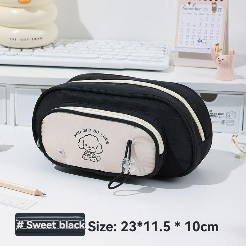 Image of Canvas School Bag Pencil Case, 3 Layer 6 Compartment Large Capacity, Aesthetic Pencil Pouch for Stationary, Cute Stationery for Kids, Pencil Case for Girls & Boys (Sweet Black)