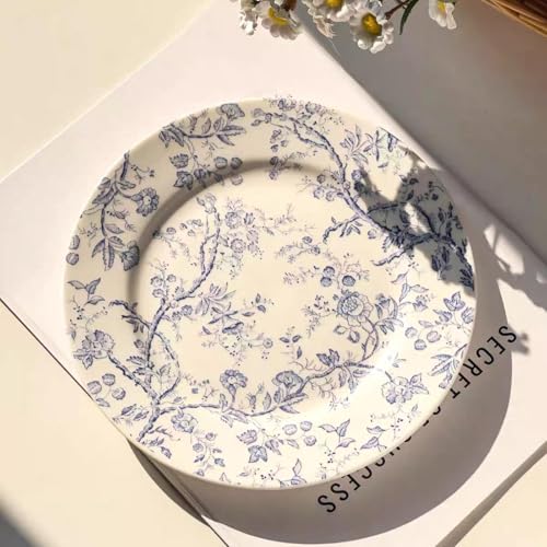 HHFLRAWA Assiettes en Céramique de 20 cm - Porcelaine avec Motifs Fleurs de Vigne pour Salade, Dessert et Collations