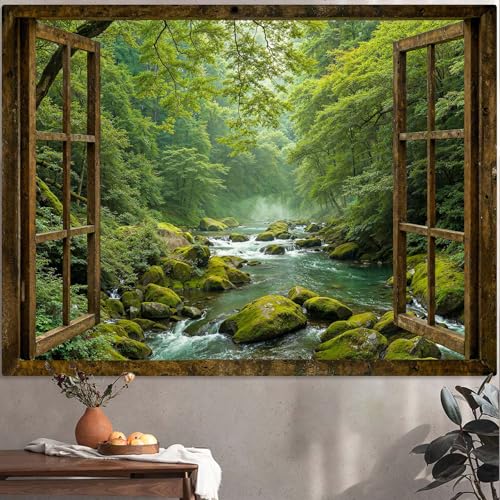 Accnicc Window Forest Tapestry Green Nature Jungle Wall Tapestry for Bedroom Aesthetic Rainforest Stream Outdoor Landscape Small Tapestries Wall Hanging for Dorm Living Room Decor 48 x 36 Inch