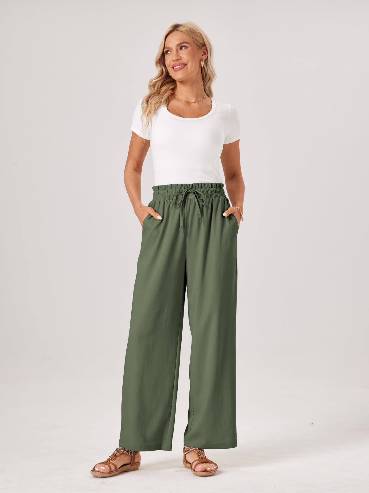 Glacspyg Damen Hosen Casual Flowy Wide Leg Freizeithose High Waisted Kordelzug Palazzo Hosen mit Taschen