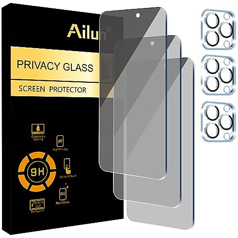 Ailun 3Pack Privacy Screen Protector for iPhone 15 Pro Max [6.7 inch]+3Pack Camera Lens Protector,Sensor Protection,Dynamic Island Compatible,Anti Spy Tempered Glass[9H Hardness]-HD[6 Pack] Cover