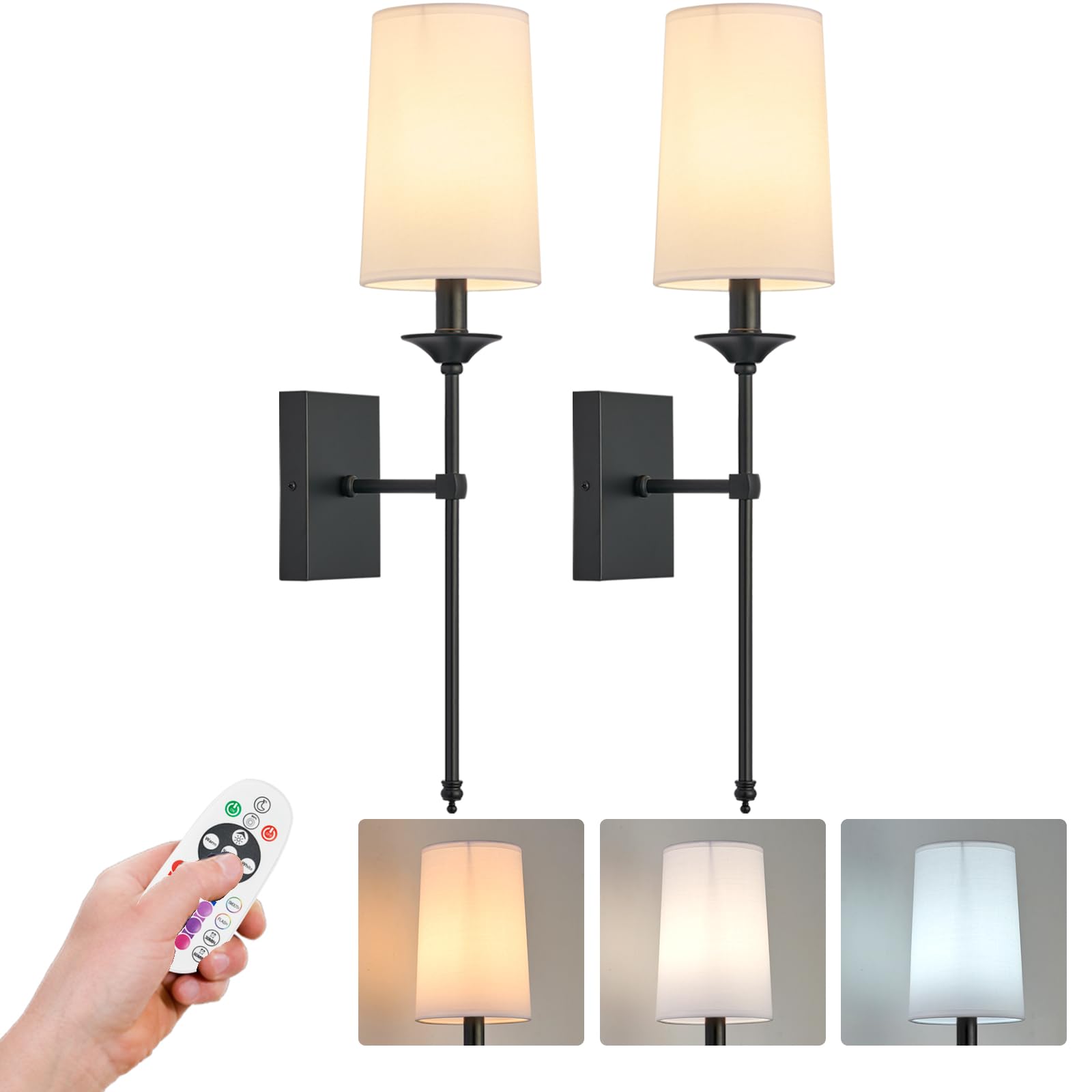 Rechargeable Battery Operated Wall Sconces Set of 2,Easy to Install Cordless Wall Lamps with Bulbs and Remote, Dimmable Black Wall Sconce for Living Room Decor