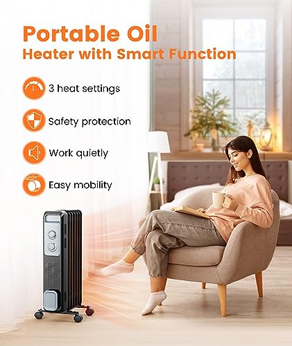 Joy Pebble Oil Filled Radiator Heater, Portable Electric Heater, 1S Rapid Heat, 3-Level Adjust, Tip-over&Overheat Protection, Portable Space Heater with 4 Wheels and Handle, 1200W Oil Heaters for Home - Thumbnail 2