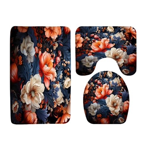 Black Boho Floral 3 Pcs Bath Rugs Set,Vintage Watercolor Flowers Blossom Rustic Plant Leaves Romantic Woman Girl Bathroom Kitchen Rug with 17.8