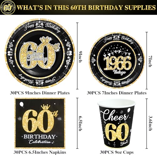 Image of 60th Birthday Decorations Black and Gold, Service for 30, Vintage 60th Birthday Party Supplies Includes Black Vintage 1966 Plates, Napkins, Cups, Plates and Napkins for Men Women