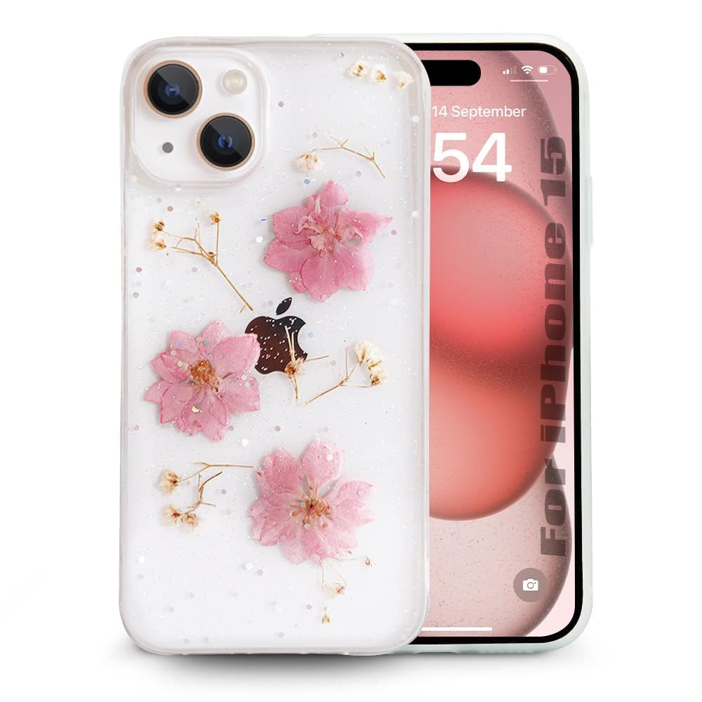 Enflamo Soft Clear Silicone Case Glitter Floral Back Cover for iPhone 15 | with Pressed Dry Real Flowers (Pink) (B0CKBQHPXC) Amazon Price History, Amazon Price Tracker
