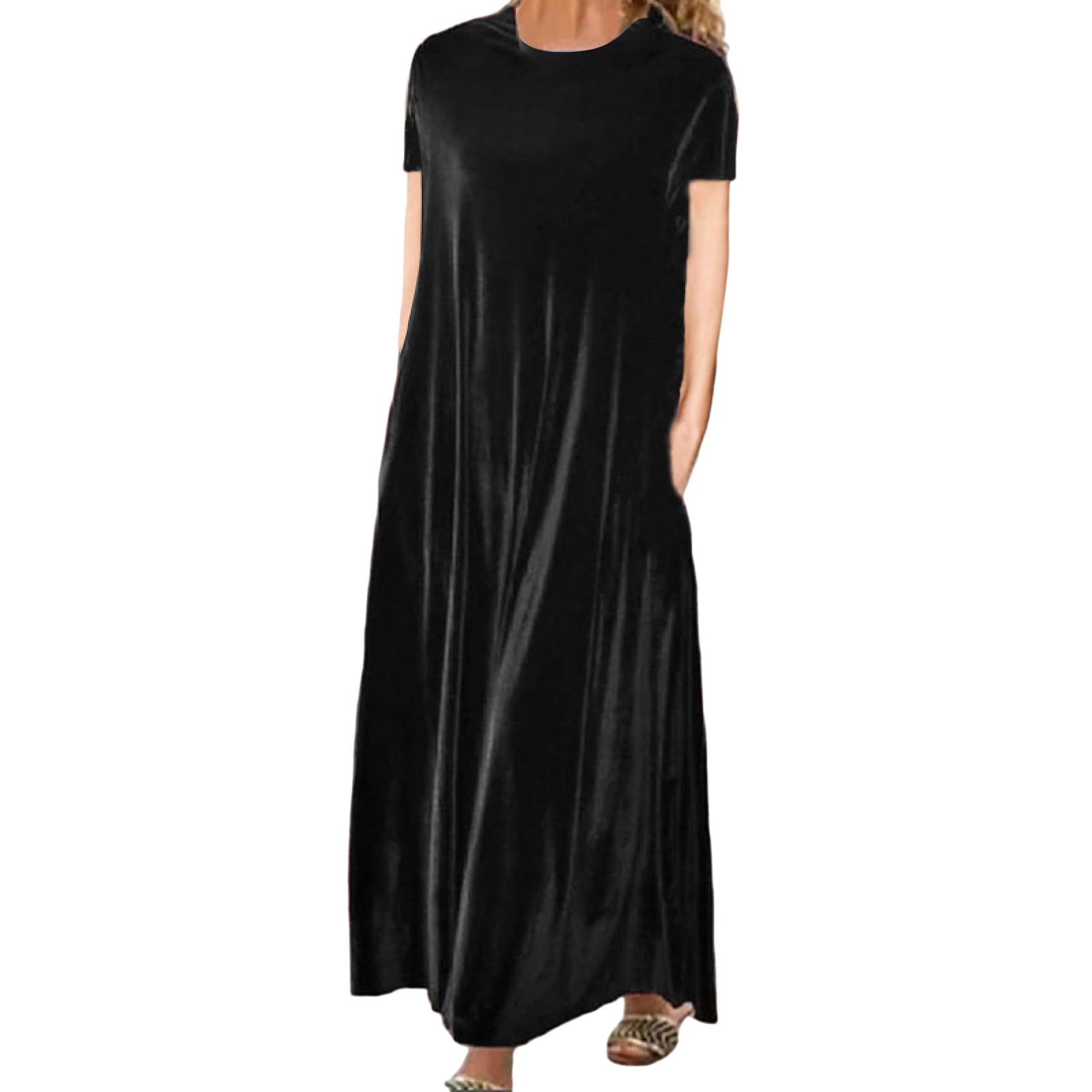 Generisch Vestido largo de terciopelo dorado con cuello redondo para mujeres elegantes delgadas