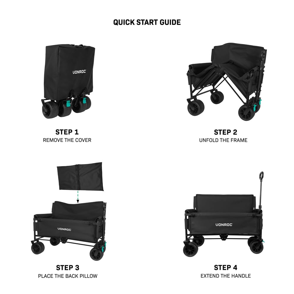 VONROC Carrello Pieghevole con Seduta 2-in-1 – Carrello da Giardino e Spiaggia – Portata 120kg – 115L – Ruote Anti-Foratura – Telaio in Acciaio – Richiudibile con Custodia – Nero