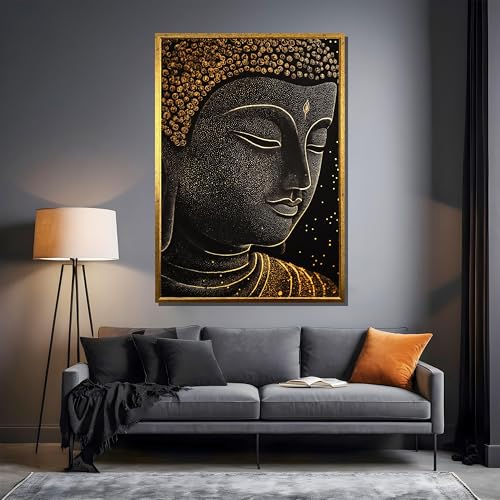 Tableau Bouddha doré 80x120cm sur toile de coton avec cadre intérieur pour salon zen
