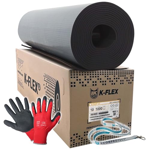 Original K-Flex ST - Placa aislante autoadhesiva + guantes + cordón Scorprotect (negro, grosor de aislamiento 10 mm, 1000 x 10000 mm)