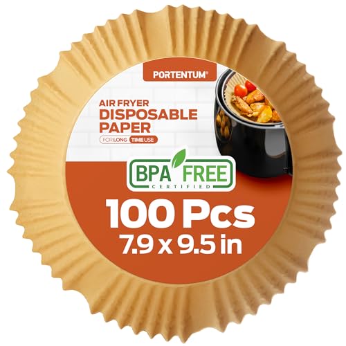 PORTENTUM Air Fryer Liners 100PCS Disposable Unbleached and Greaseproof. Suitable from 5 to 8 liters. Food-Grade use Baking Paper BPA Free FDA and LFGB Certified