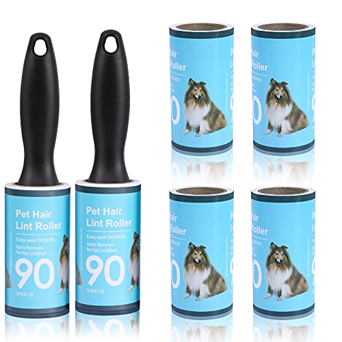 Jiehu Fusselrolle - 6 Rollen Mit 90 Blatt, Ersatzrolle Kleiderroller für Schnelles und Leichtes Entfernen von Staub, Haaren und Flusen - Insgesamt 540 Blatt und 2 Griffe