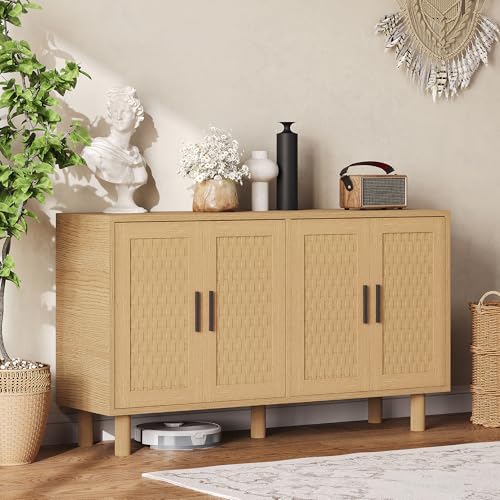 Holtrae Armario con 4 puertas, aspecto de ratán, asas y patas de madera, moderno, 140 x 80 x 40 cm, para dormitorio, salón, entrada