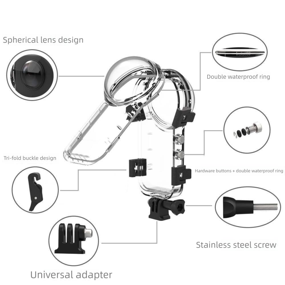 Carcasa protectora subacuática impermeable invisible para cámara Insta360 X5 con hoja antivaho, soporte y bolsillo de colección (base estándar de 1/4)