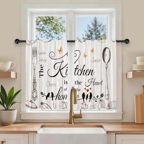 DOODLREAM Vintage Print Kitchen Curtains 36 Inch Drop Rod Pocket Rustic Farmhouse Tableware Curtains W 27.5 x L 36 Inch Short Window Curtain Decor for Kitchen 2 Panels