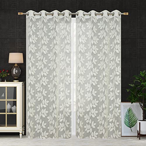 Image of Net Transparent Window Curtain Drapes 5Ft 1 Piece | Sheer Curtain Drapes for Living Room Bedroom Kitchen Balcony | Tissue Light Filtering Panels for Home Office, 4x5 Feet, Offwhite Leaves