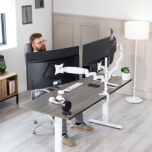 Image of VIVO 17 to 32 inch Triple Pneumatic Monitor Mount, 2 Pneumatic Arms, 1 Fixed, Adjustable Swivel, Rotation, Heavy Duty VESA Desk Stand with C-clamp, Max VESA 100x100, White, STAND-V300GW