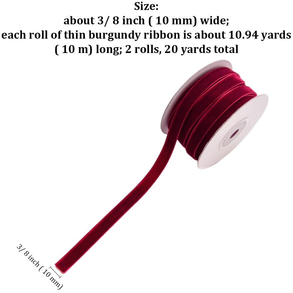 Burgundy Velvet Ribbon 3/8 Inch, Vintage Maroon Thin Velvet Ribbon For Gift Wrapping, 30 Yards Thick Wine Christmas Ribbons For Christmas Tree Bow Ornaments, Wreaths, Garland, Crafts, Holiday Decor