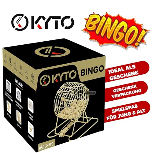 Kyto Bingo Spiel Trommel XXL Gold - 75 Kugeln, 18 Wiederverwendbare Bingokarten + 500 Stift-Karten, Holzspielset für Erwachsene, Kinder und Senioren