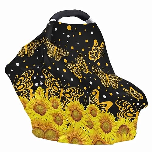 Image of Youngerbaby Yellow Sunfower Butterfly Car Seat Canopy Nursing Cover Multi Use Baby Stroller and Carseat Cover Breastfeeding Nursing Covers